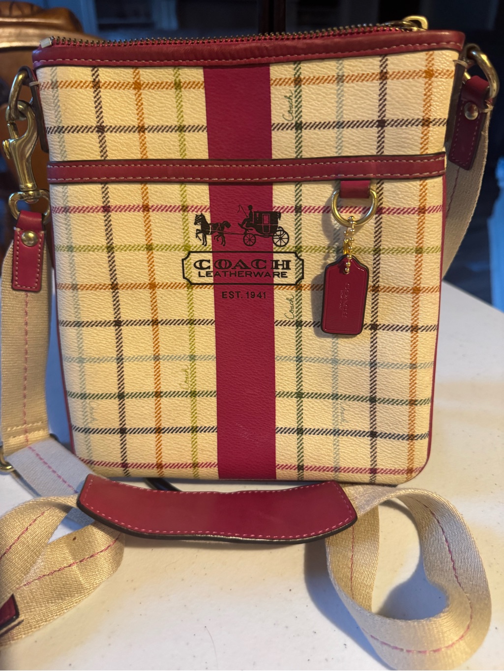 Coach Tattersall Cream Plaid Crossbody Bag